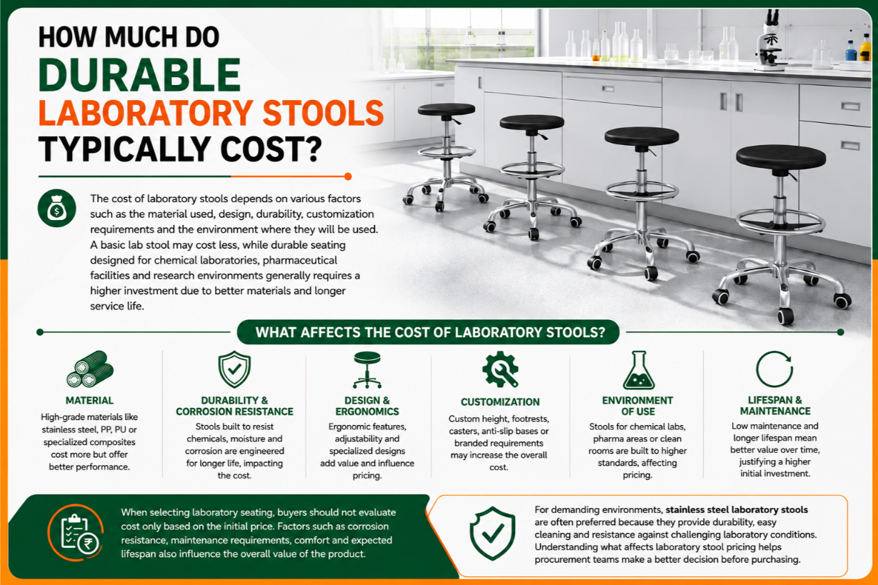 Cost analysis infographic for durable stainless steel laboratory stools and ergonomic industrial lab seating showing price factors for pharmaceutical and chemical lab procurement.